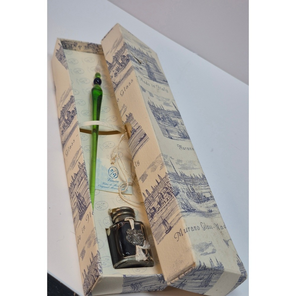 Murano Glass Dip Pen and Inkwell Set Venice Italy Green Handmade Calligraphy